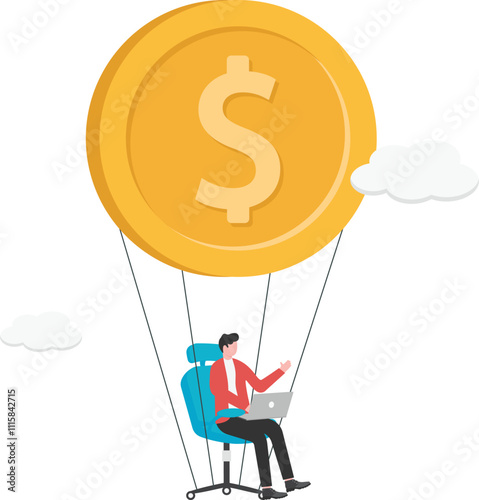 Isometric businessman sitting on a dollar swing for work, work and leisure, business finance work concept

