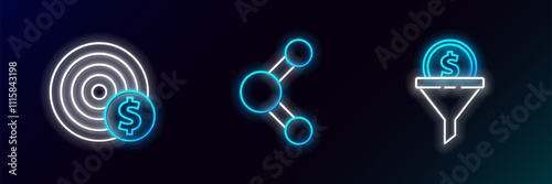 Set line Lead management, Target with dollar symbol and Share icon. Glowing neon. Vector