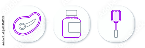 Set line Spatula, Steak meat and Sauce bottle icon. Vector
