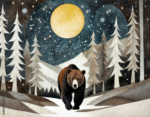 Un ours brun marche dans la forêt enneigée la nuit, vue de face, pleine lune dans le ciel, jolie illustration naïve 