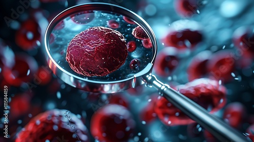 A magnifying glass focuses on a red, textured cell. photo