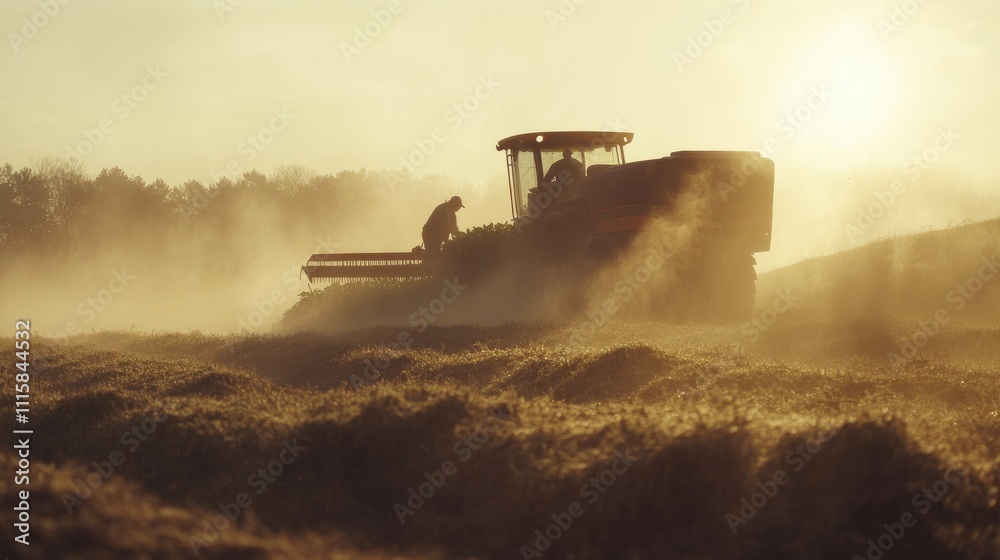 Naklejka premium Silhouetted farmer operating combine harvester in dusty field at sunset