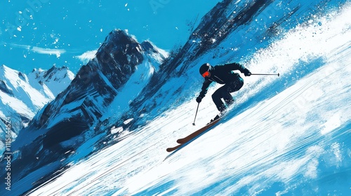 Skier Descending Snowy Mountain Slope Under Blue Sky photo