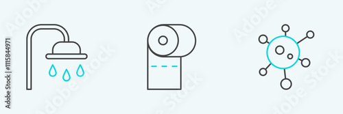 Set line Virus, Shower head and Toilet paper roll icon. Vector