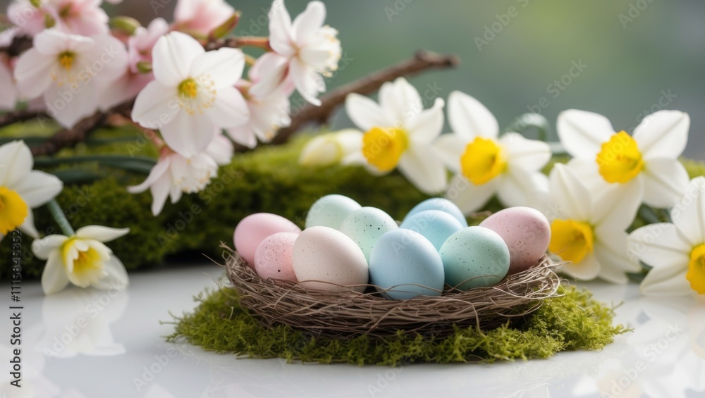 Colorful speckled eggs resting in a nest surrounded by spring blossoms in a serene outdoor setting. Colorful speckled eggs resting in a nest surrounded by spring blossoms in a serene outdoor setting.