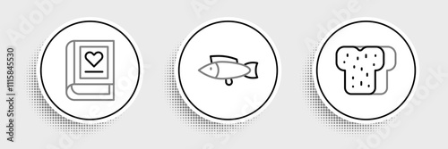 Set line Bread toast, Medical book and Fish icon. Vector