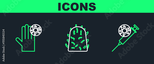 Set line Syringe and virus, Hand with and Rabies icon. Vector