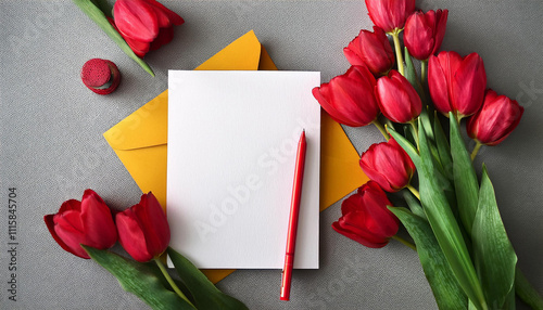 Blank greeting card with red tulips and envelope. Concept of love letter, romantic message, and valentine's day.