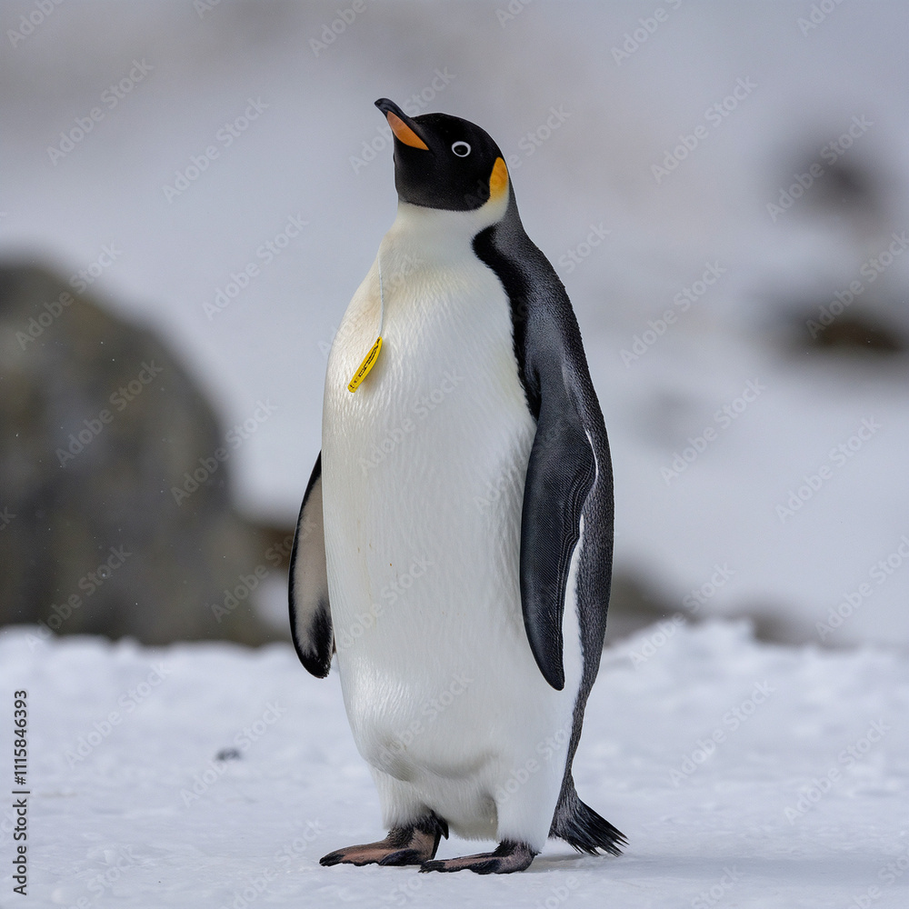 Fototapeta premium Emperor Penguin Standing on Snow with Tag