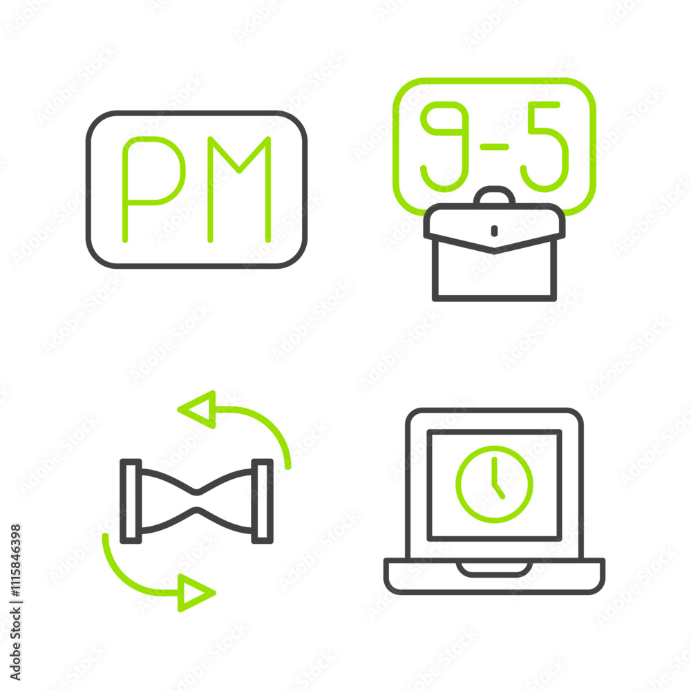 Set line Laptop time, Old hourglass with sand, From 9 and Day icon. Vector Set line Laptop time, Old hourglass with sand, From 9 and Day icon. Vector