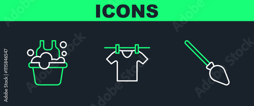 Set line Handle broom, Basin with soap suds and Drying clothes icon. Vector