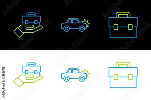 Set line Briefcase, Hand holding briefcase and Car icon. Vector