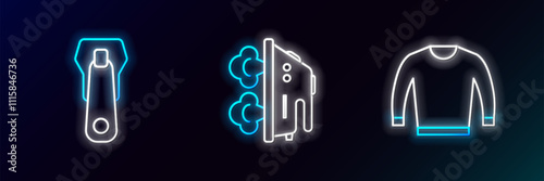 Set line Sweater, Zipper and Electric iron icon. Glowing neon. Vector