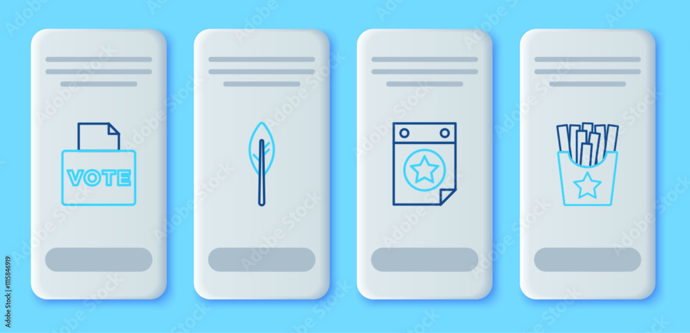Set line Indian feather, Calendar with date July 4, Vote box and Potatoes french fries in icon. Vector Set line Indian feather, Calendar with date July 4, Vote box and Potatoes french fries in icon. Vector
