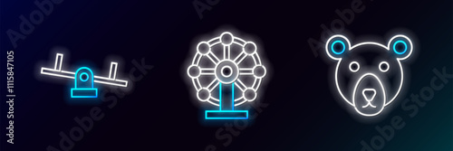 Set line Bear head, Seesaw and Ferris wheel icon. Glowing neon. Vector