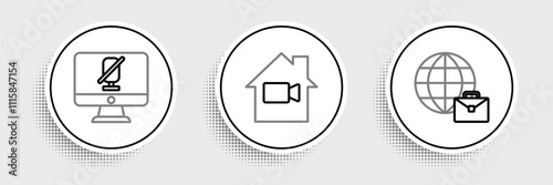 Set line Online working, Mute microphone on computer and Video camera Off home icon. Vector