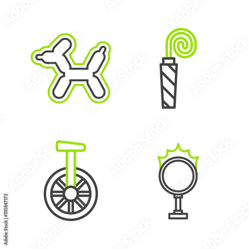 Set line Circus fire hoop, Unicycle or one wheel bicycle, Birthday party horn and Balloon dog icon. Vector
