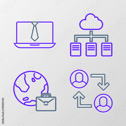 Set line Project team base, Online working, and Video chat conference icon. Vector