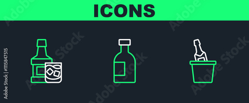 Set line Champagne in an ice bucket, Whiskey bottle and glass and Glass of vodka icon. Vector