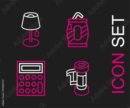 Set line Camera roll cartridge, Calculator, Soda can with straw and Floor lamp icon. Vector