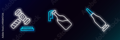 Set line Bullet, Judge gavel and Cocktail molotov icon. Glowing neon. Vector