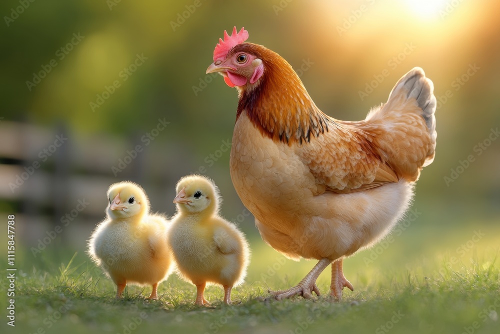 Fototapeta premium A hen stands proudly with two fluffy chicks in a sunlit meadow, showcasing the warmth of nature and family bonds.