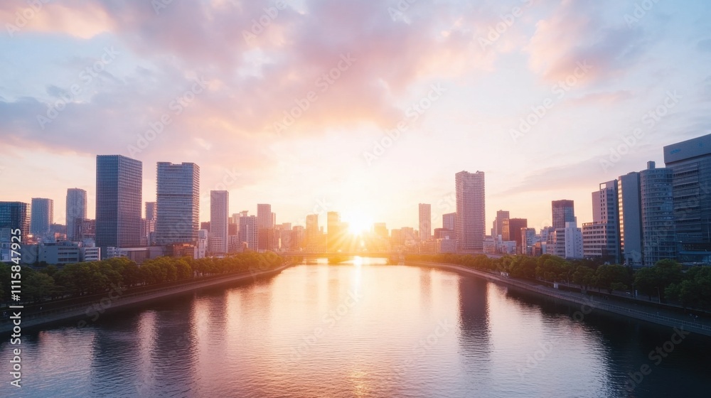 Obraz premium A vibrant skyline at sunset, reflecting on a calm river, surrounded by modern skyscrapers and beautiful clouds.