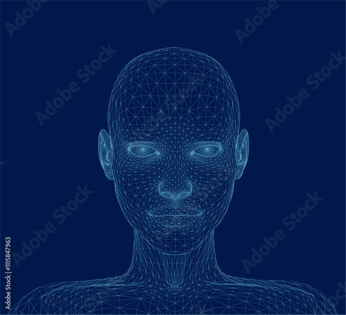 Three dimensional woman head. Front view. Ware mesh from 3d app.