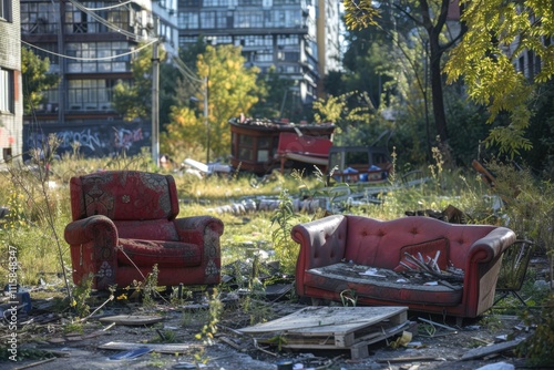 A vacant lot filled with discarded furniture pieces, such as an old mattress, broken chairs, and a torn sofa, creating an impromptu living space for the homeless