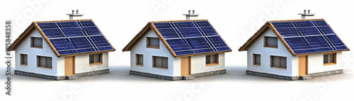 Three 3D Houses with Solar Panels on Roof - Illustration