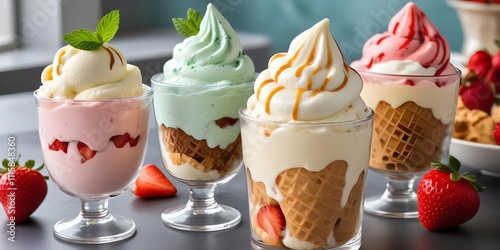 A display of flavorful ice cream sundaes in various flavors including strawberry, mint, and vanilla displayed in a glass container