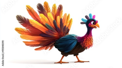 A cartoon turkey with a vibrant fan of feathers in bold autumn shades, standing proudly, isolated on white photo