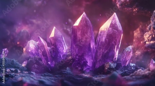 In nature, purple amethyst crystals gleam. Their shiny surfaces provide an eye-catching backdrop that is ideal for showcasing your message. photo