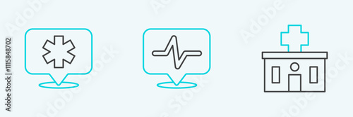 Set line Hospital building, Location hospital and Heart rate icon. Vector