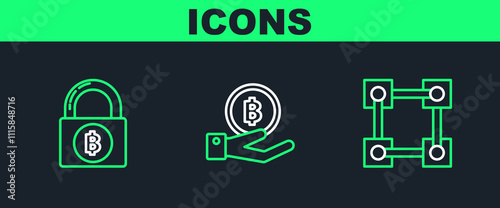 Set line Blockchain technology, Lock with bitcoin and Hand holding Bitcoin icon. Vector