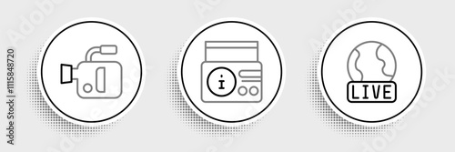 Set line Live report, Cinema camera and News on radio channel icon. Vector