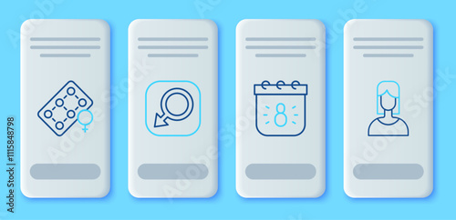 Set line Male gender, Calendar with 8 March, Packaging of birth control pills and Female icon. Vector