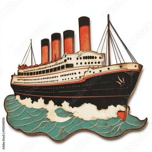 Vintage scrapbook style collage paper cutout of a steamship on white background