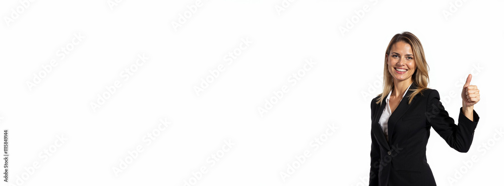 Business woman showing super sign, holding thumbs up on white background. Office worker in a business suit Business woman showing super sign, holding thumbs up on white background. Office worker in a business suit