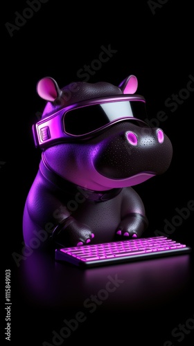 A playful hippo in sunglasses sits at a keyboard, illuminated by vibrant purple lighting against a dark background. photo