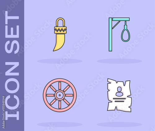 Set Wanted western poster, Tooth, Old wooden wheel and Gallows icon. Vector