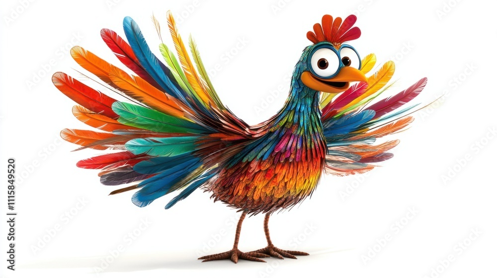 Obraz premium A cartoon turkey with exaggerated colorful feathers, looking quirky and fun, perfect for seasonal celebrations, isolated on white