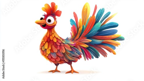 A cheerful cartoon turkey with bold and vibrant autumn hues in its feathers, creating a festive vibe, on white photo