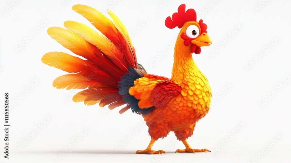 Fototapeta premium A cheerful turkey cartoon with bright orange, red, and yellow feathers, standing in a festive pose, on white