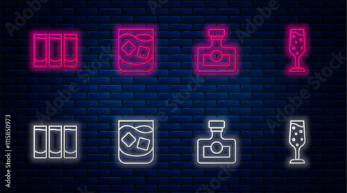 Set line Glass of whiskey, Alcohol drink Rum, Shot glass and champagne. Glowing neon icon on brick wall. Vector