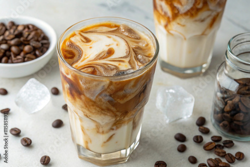 A close-up shot of a glass of iced coffee