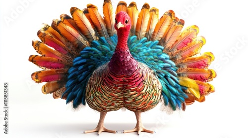 A colorful turkey cartoon character adorned with bold and bright feather hues, striking a festive pose, isolated on white photo