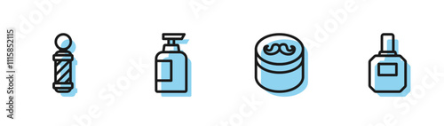 Set line Gel or wax for hair styling, Classic Barber shop pole, Bottle of shampoo and Aftershave icon. Vector