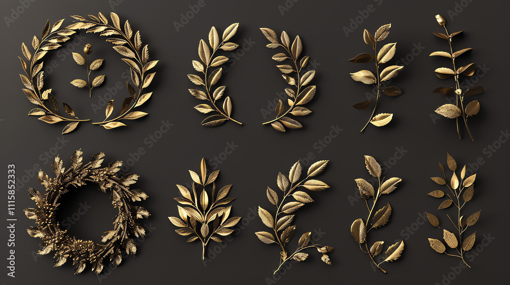 Obraz premium Gold leaf wreaths and sprigs on a dark background