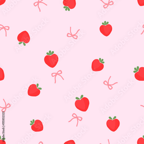 Seamless pattern of strawberries with green leaves and ribbon bows on pink background vector.